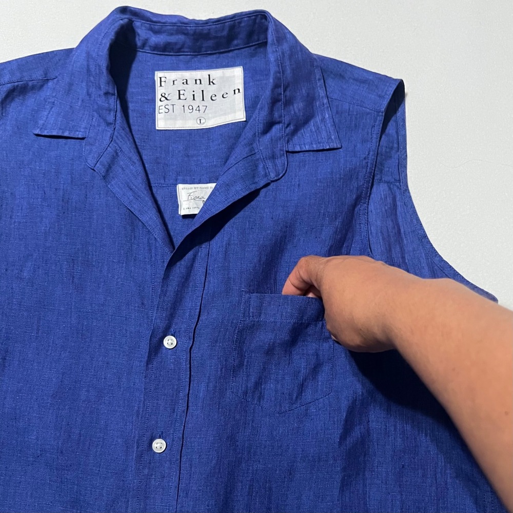 Frank & Eileen Fiona Royal Blue 100% Linen Sleeveless Button Up Shirt Large - Picture 11 of 13